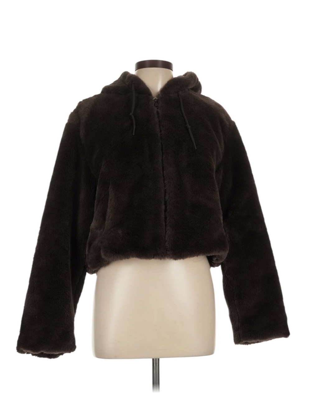 Ci Sono Faux Fur Cropped Jacket Size Large Dark Brown Hooded Going Out Party NWT